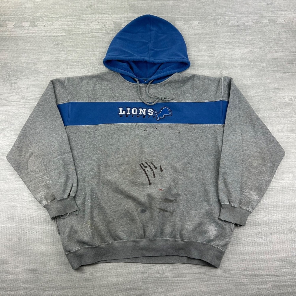 Vintage 90s Detroit Lions Sweatshirt Size XL Gray Blue Hoodie NFL Football